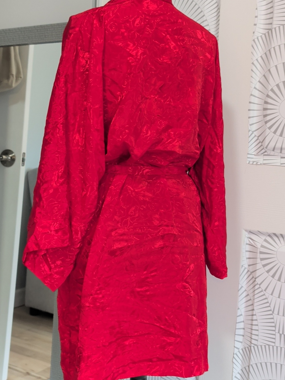 Vintage 80's Red Satin Floral Kimono Robe - Picture 5 of 6